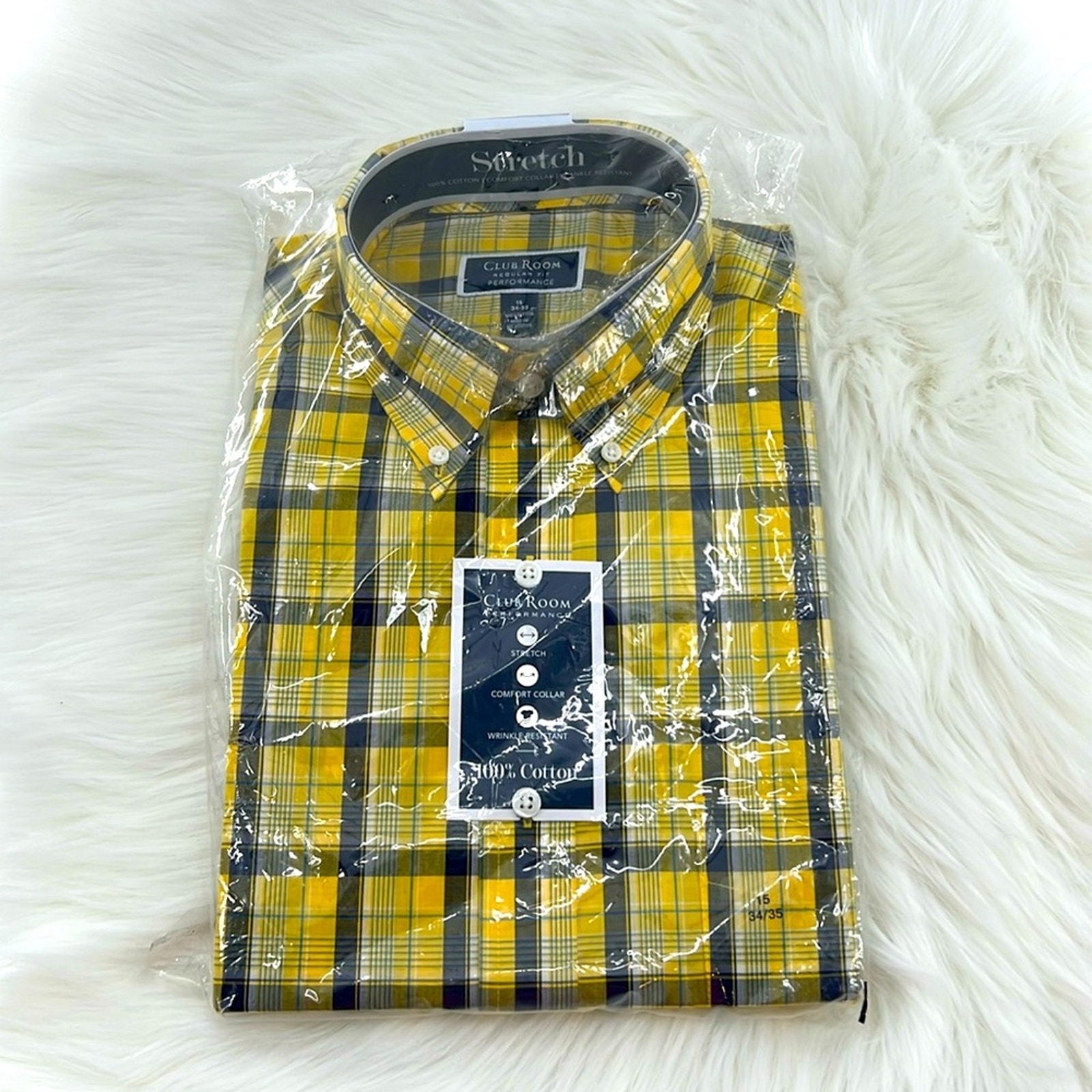 Club Room Performance Regular Fit Long Sleeve - Yellow Plaid - 15 34/35
